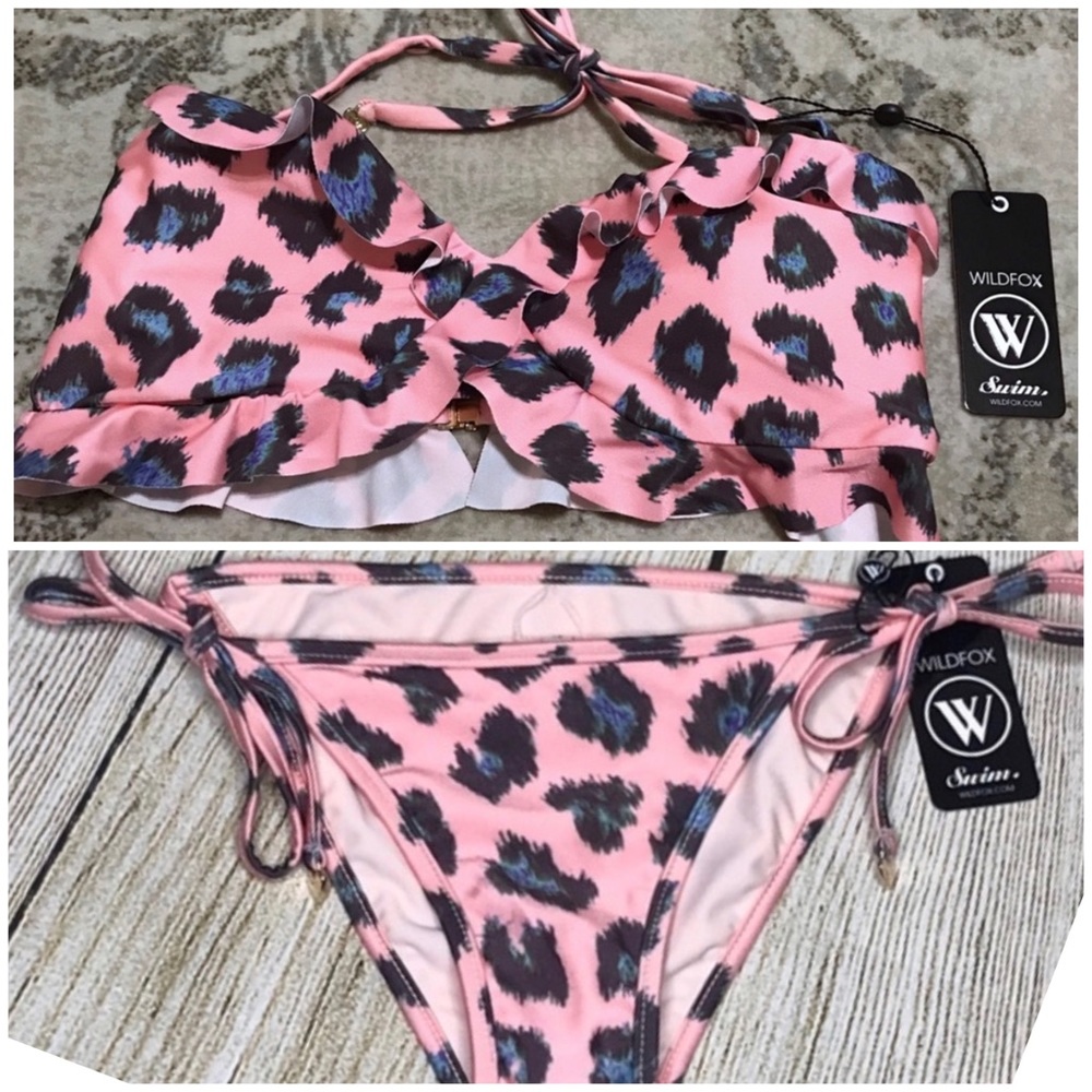 BNWT WILDFOX Pink Leopard Print Ruffle Bikini Top with String Bottoms.